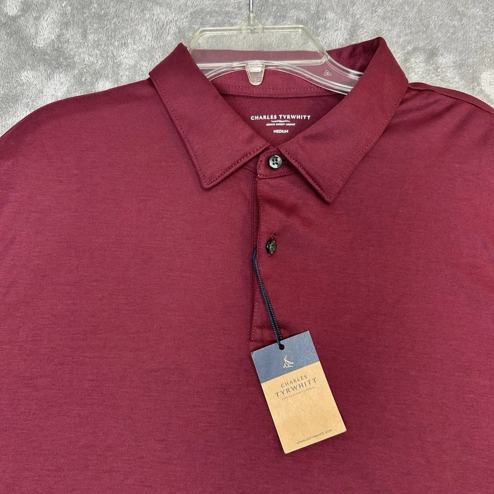 Charles Tyrwhitt Mens Medium Long Sleeves Polo Wine Red Shirt 100% Cotton Shirt - Picture 5 of 16